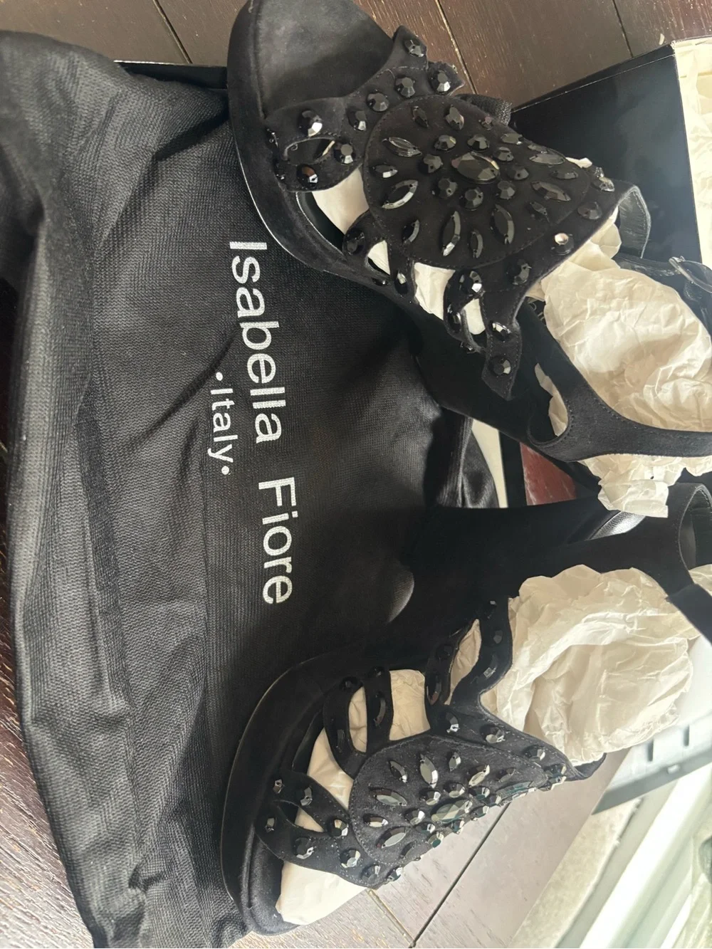 Isabella Fiore Black Jeweled Suede Platform Sandals with Cutout Straps